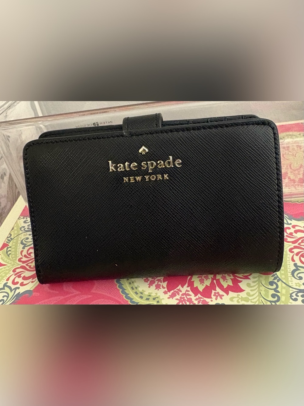 kate spade Black Saffiano Compact Wallet with Gold Logo